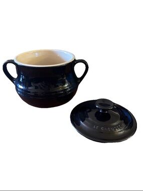 Le Creuset Black and Cream Two-Handled Covered Soup Tureen